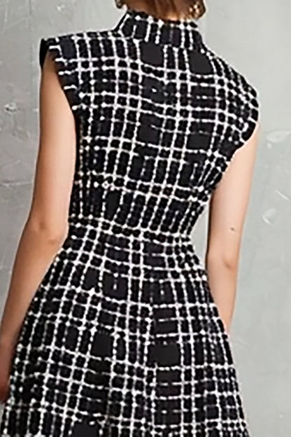 Black Tweed Plaid Single Breasted A Line Midi Work Dress