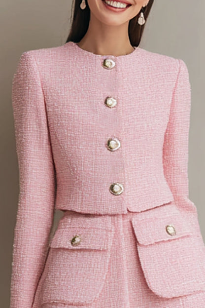 Pink 2 Piece Tweed A Line Long Sleeves Single Breasted Short Work Dress with Pockets