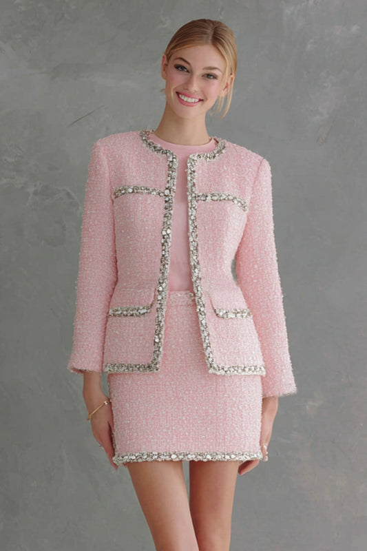 2 Piece Pink Tweed Bodycon Long Sleeves Short Work Dress