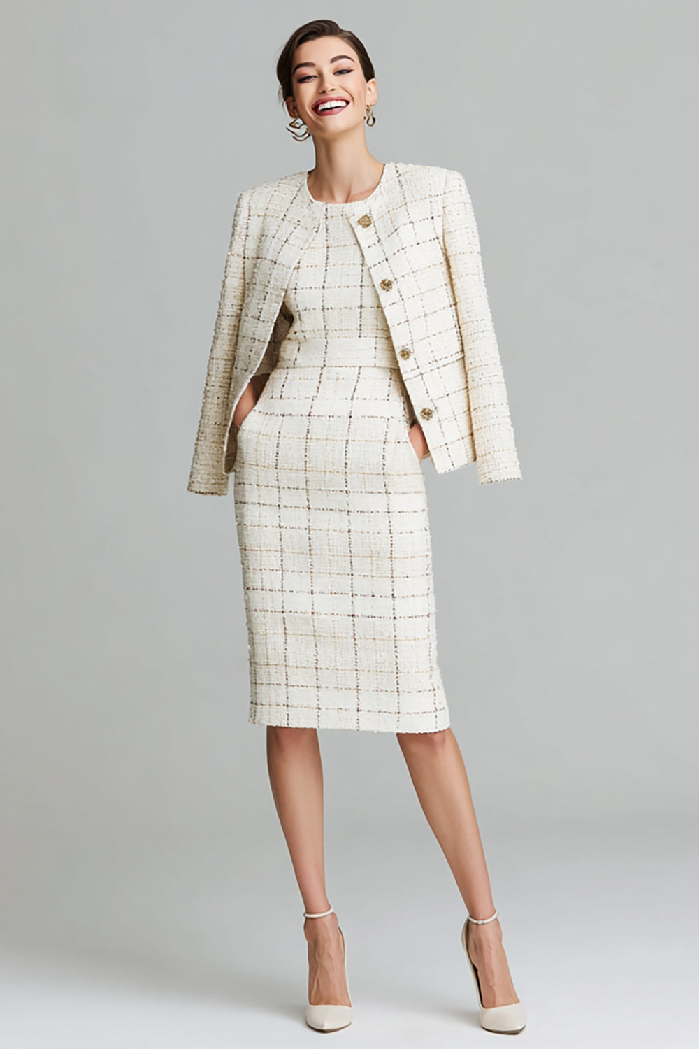 Mix Black Grid Midi 2 Piece Tweed Work Dress with Pockets