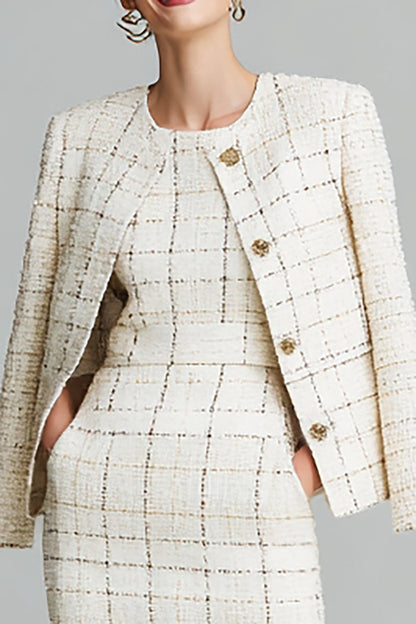 Mix Black Grid Midi 2 Piece Tweed Work Dress with Pockets