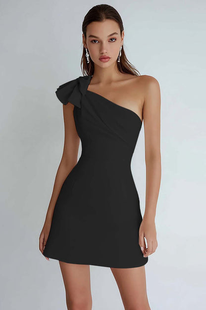 One Shoulder A Line Little White Dress with Bow