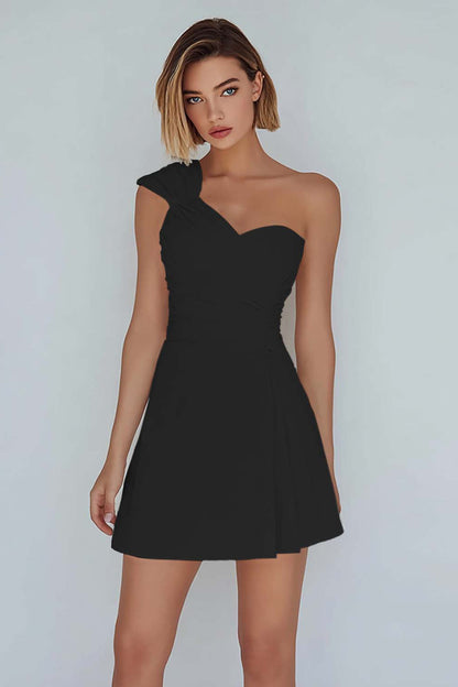 One Shoulder A Line Ruched Little White Dress