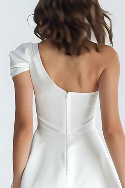 One Shoulder A Line Satin Little White Dress