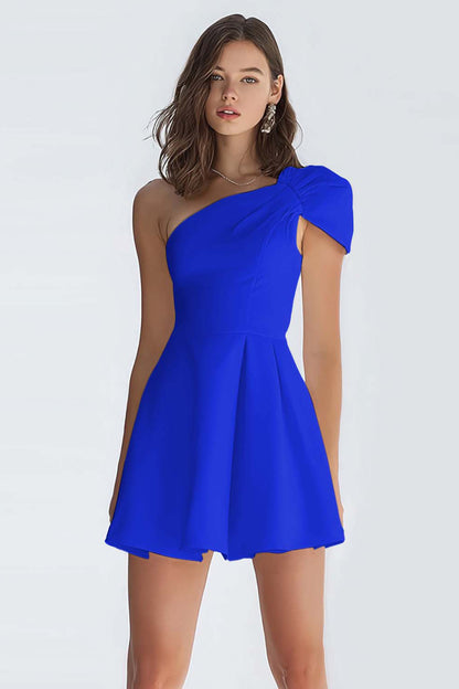 One Shoulder A Line Satin Little White Dress