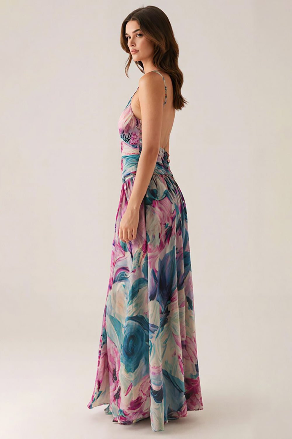 Purple Spaghetti Straps Printed Formal Dress