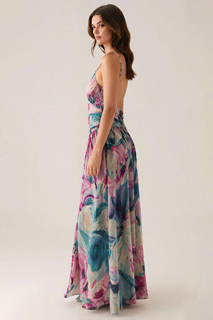 Purple Spaghetti Straps Printed Formal Dress