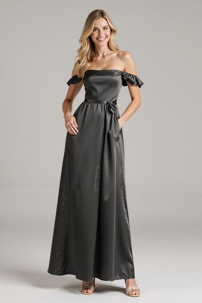 Black Satin Off The Shoulder Long Formal Dress with Ruffles