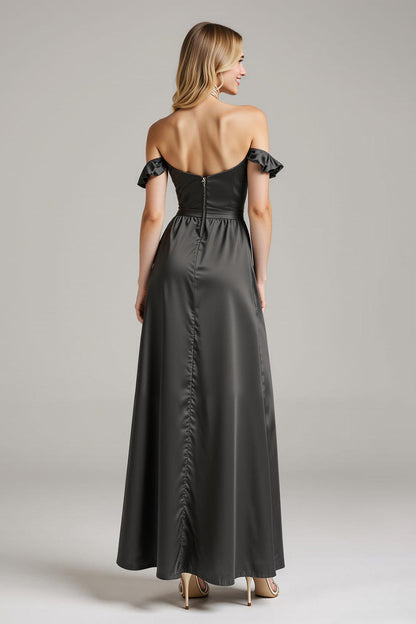 Black Satin Off The Shoulder Long Formal Dress with Ruffles
