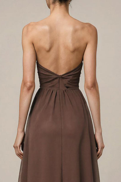 Brown Satin Sweetheart Long Formal Dress with Slit