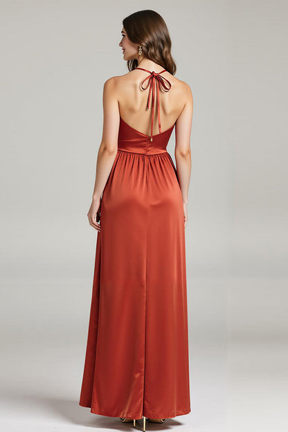 Burunt Orange Spaghetti Straps Ruched Long Formal Dress with Slit