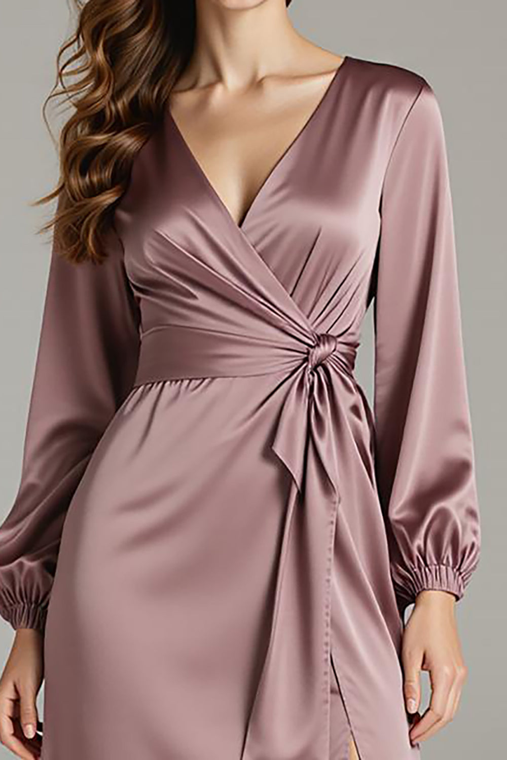 Vintage Mauve V-Neck Satin Long Sleeves Formal Dress with Slit