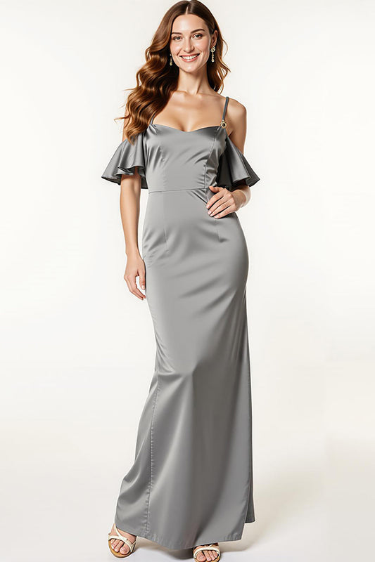 Steel Grey Satin Cold Shoulder Mermaid Long Formal Dress