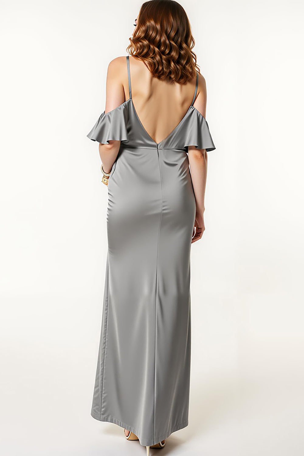 Steel Grey Satin Cold Shoulder Mermaid Long Formal Dress