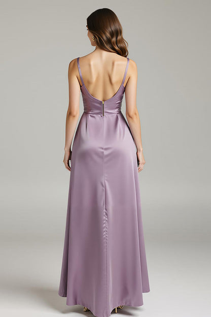 Light Purple Satin Spaghetti Straps A Line Formal Dress with Pockets