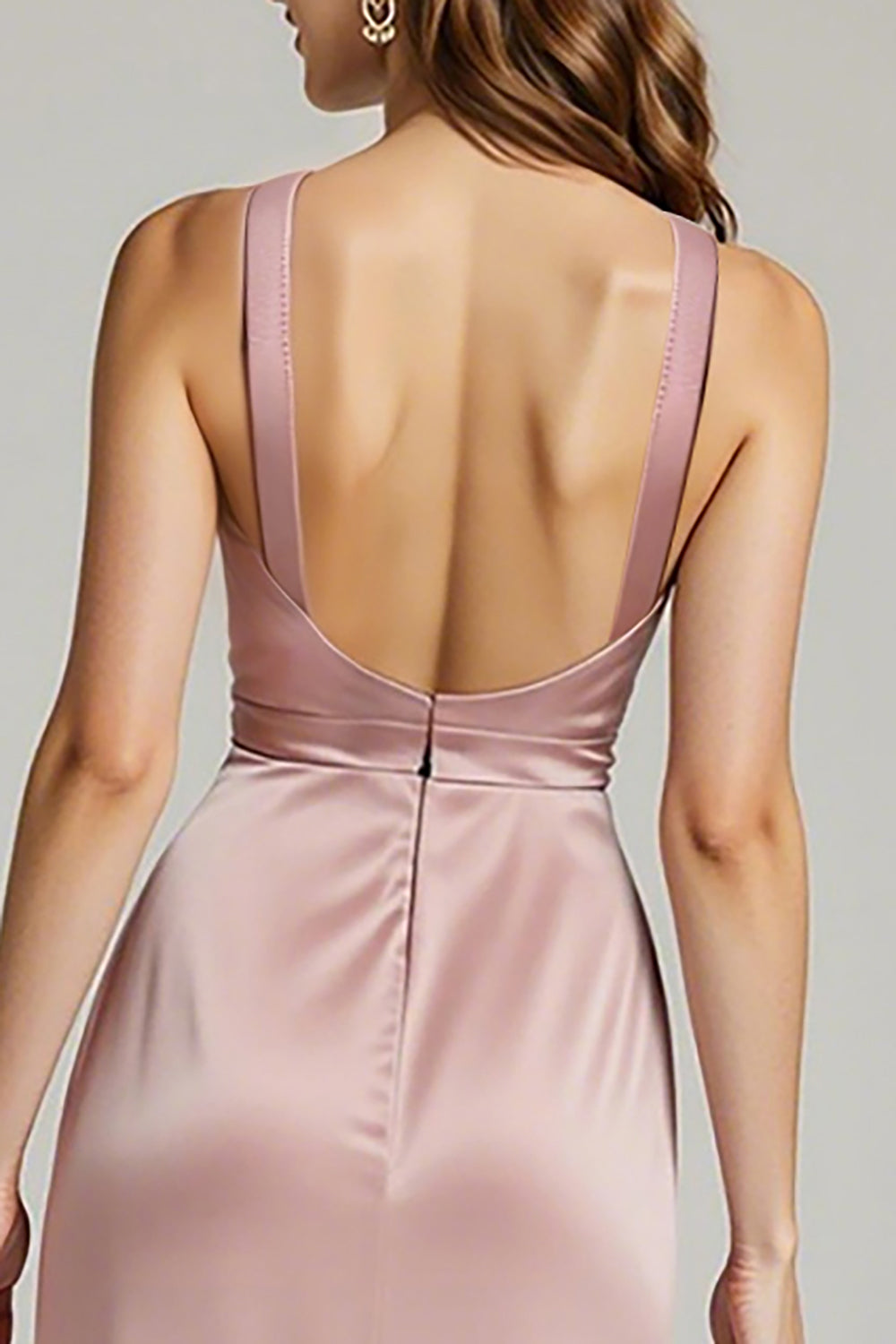 Light Pink Satin V-Neck Sheath Ruched Formal Dress