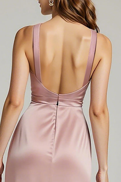 Light Pink Satin V-Neck Sheath Ruched Formal Dress