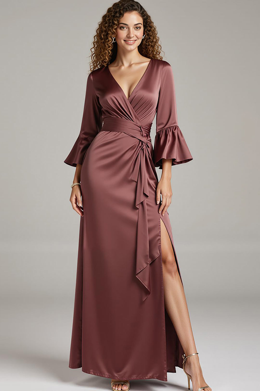 Coffee Satin Sheath V-Neck Long Formal Dress with Slit