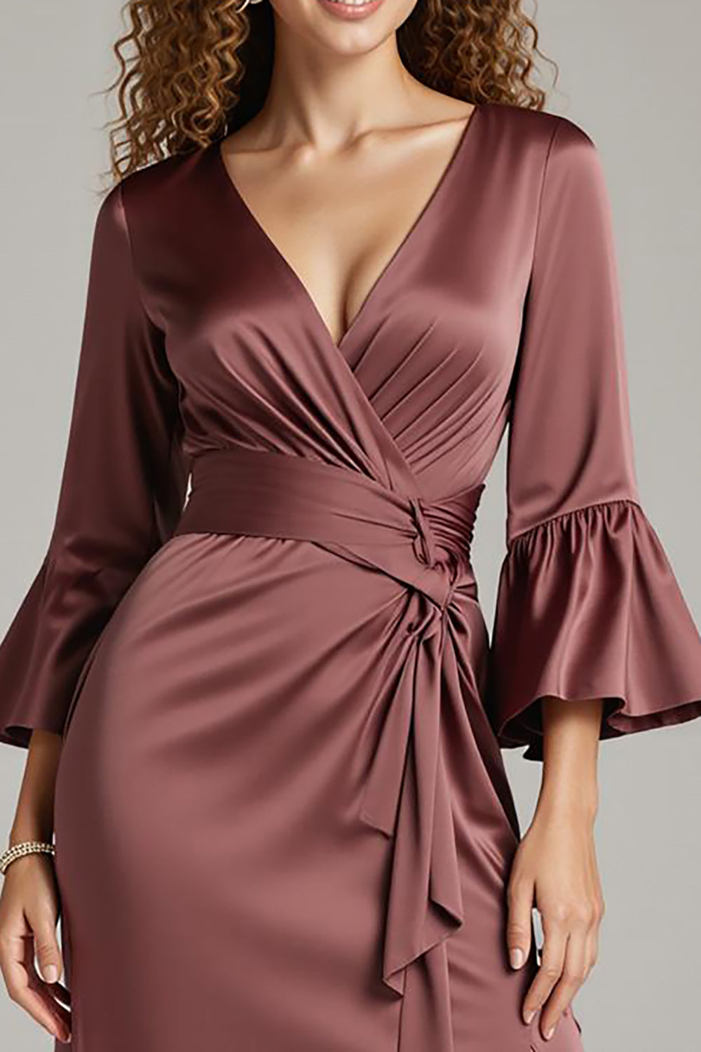 Coffee Satin Sheath V-Neck Long Formal Dress with Slit