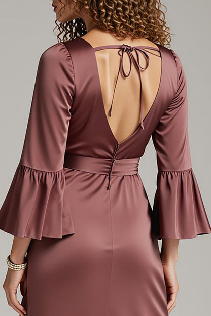 Coffee Satin Sheath V-Neck Long Formal Dress with Slit