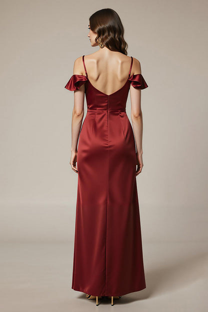 Red Cold Shoulder Satin Sheath Long Formal Dress