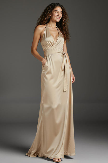 Champagne Satin Halter Sheath Long Formal Dress with Pockets
