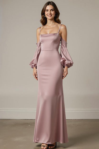 Light Pink Mermaid Satin Long Formal Dress with Sleeves