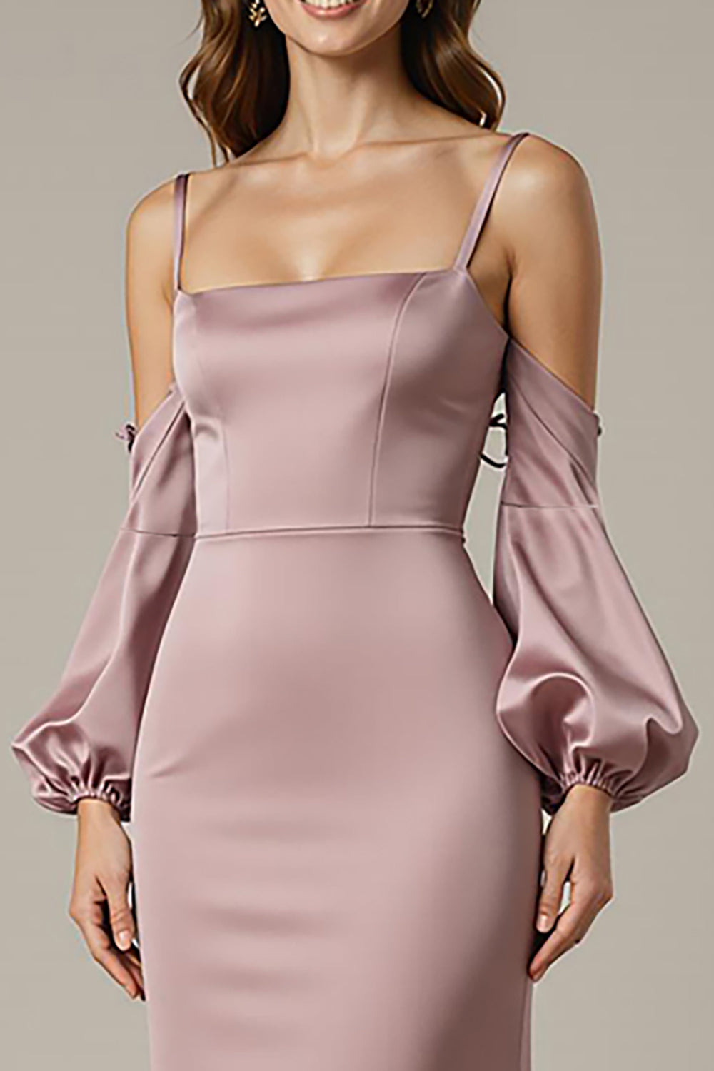 Light Pink Mermaid Satin Long Formal Dress with Sleeves