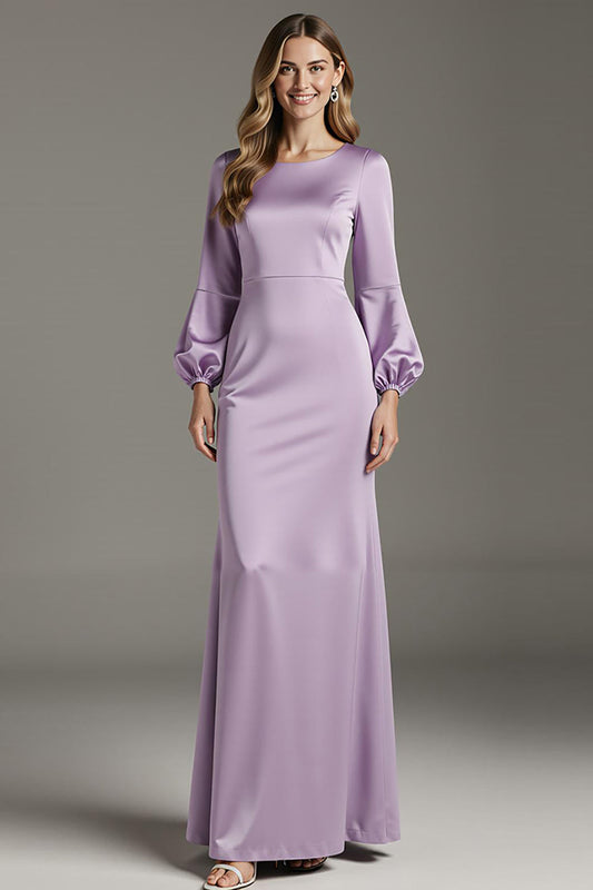 Light Purple Satin Sheath Long Formal Dress with Sleeves
