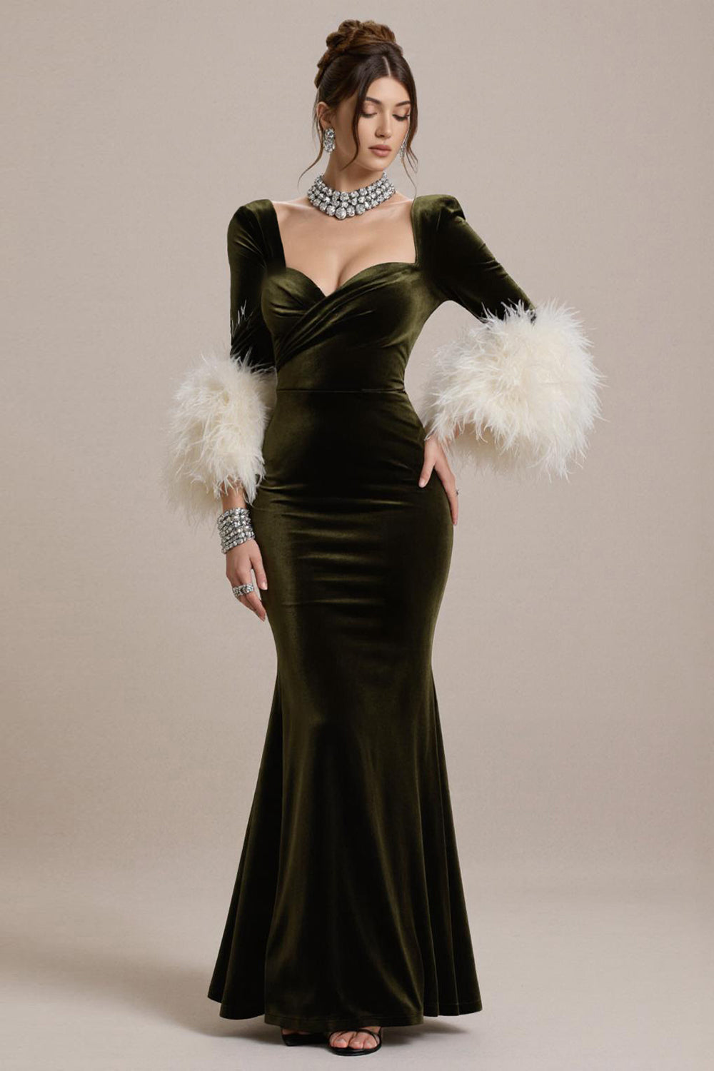 Olive Long Sleeve Mermaid Velvet Pageant Dress