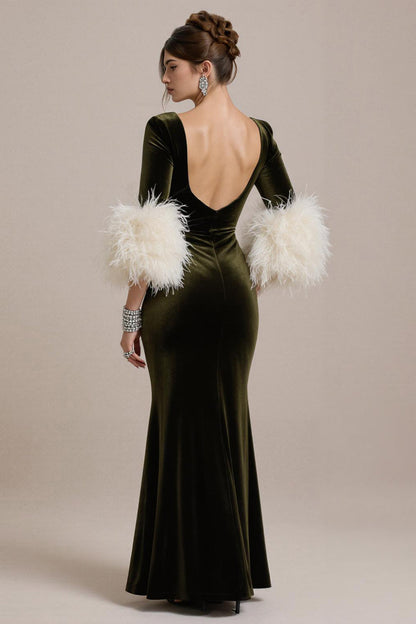 Olive Long Sleeve Mermaid Velvet Pageant Dress