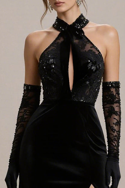 Black Halter Lace A Line Long Pageant Dress with Slit