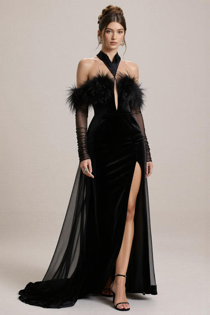 Black Cold Shoulder Velvet Pageant Dress with Slit