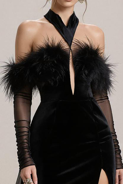 Black Cold Shoulder Velvet Pageant Dress with Slit