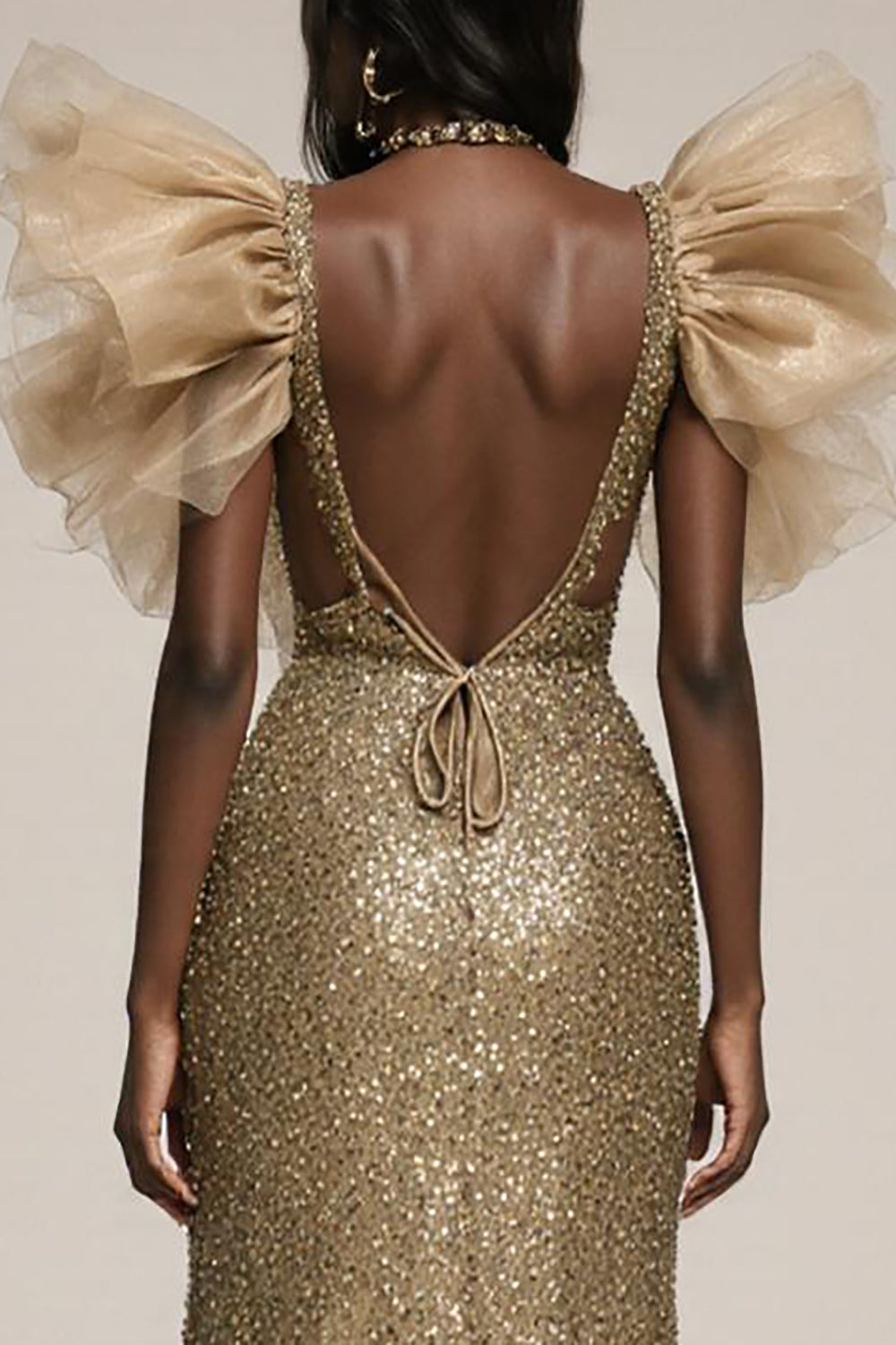 Sparkly Gold Mermaid Ruffled Pageant Dress with Slit