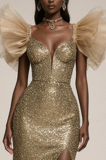 Sparkly Gold Mermaid Ruffled Pageant Dress with Slit