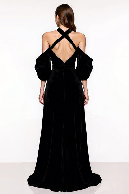 Black A Line Halter Velvet Pageant Dress with Slit