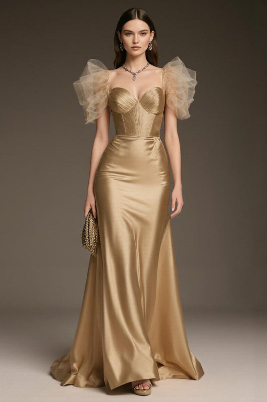 Sparkly Gold A-Line Satin Ruffled Long Pageant Dress