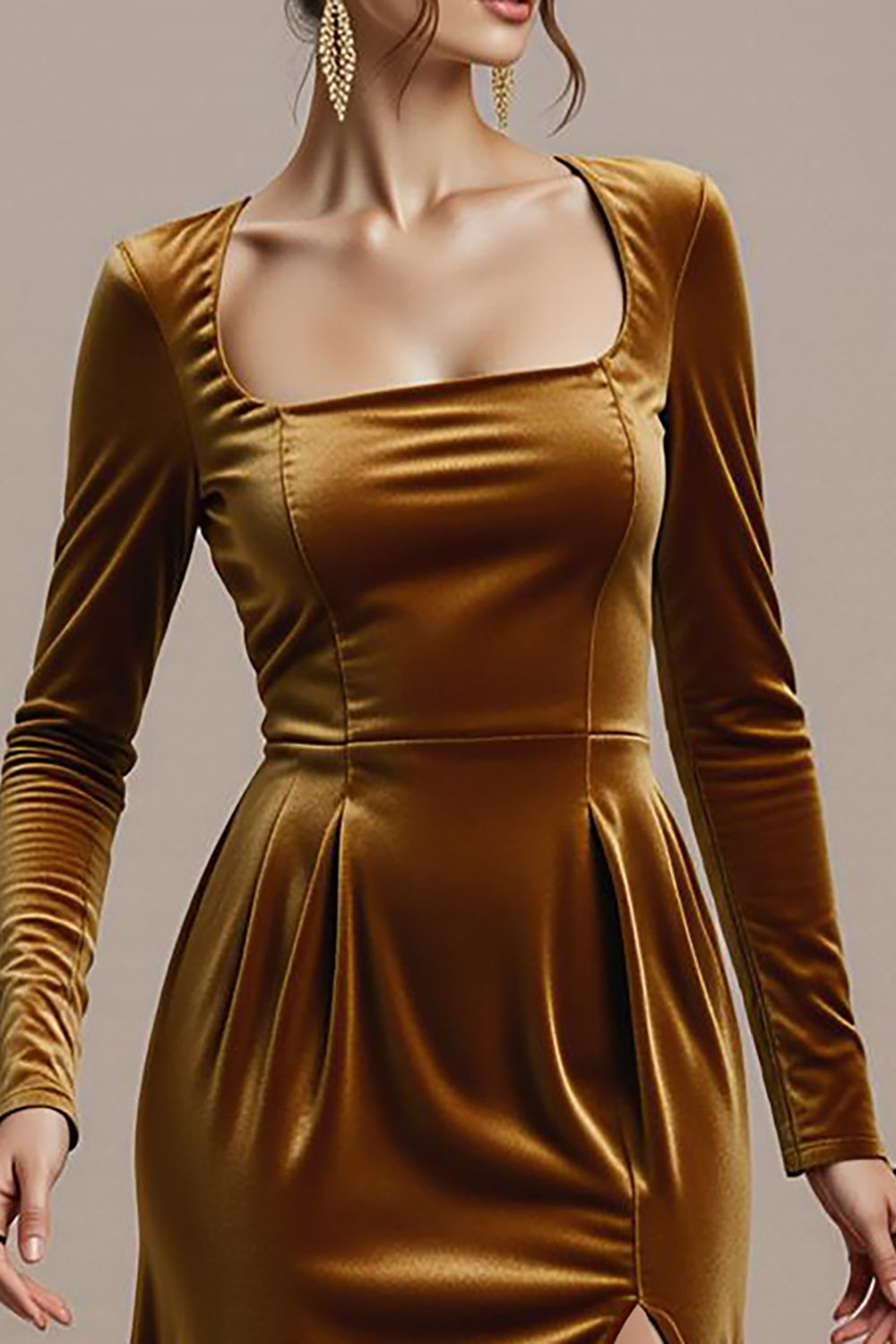 Twilight Sheath Velvet Square Neck Long Black Tie Dress with Slit