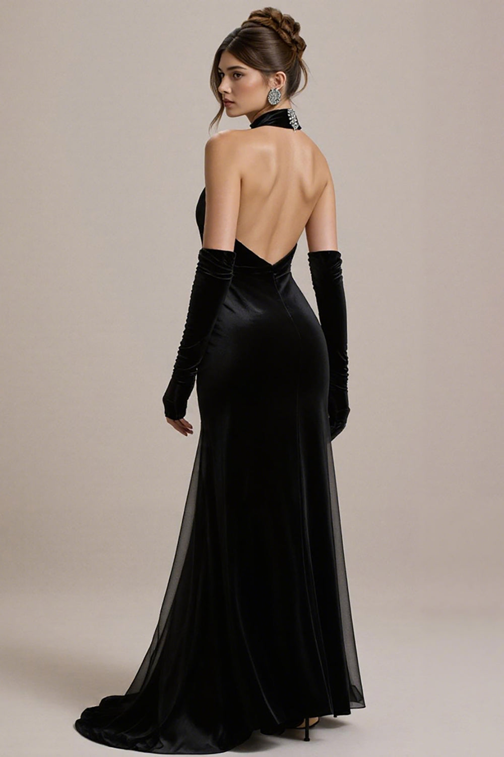 Black Sheath Halter Keyhole Long Black Tie Dres with Slit