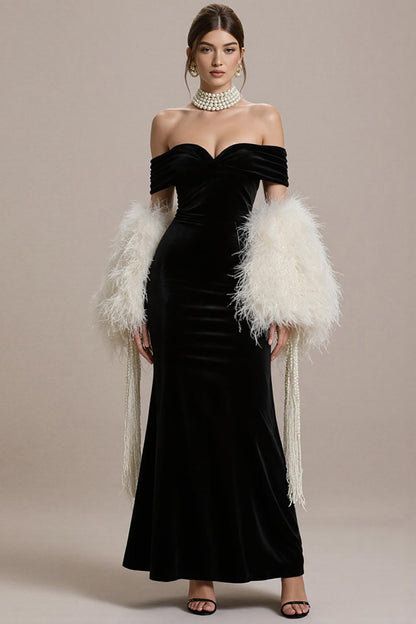 Black Mermaid Off the Shoulder Long Black Tie Dress