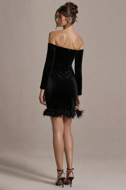 Black Velvet Off The Shoulder Tight Short Cocktail Dress with Sleeves
