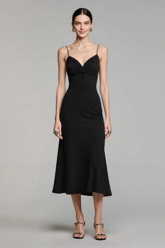 Simple Black Satin Spaghetti Straps Sheath Long Formal Dress