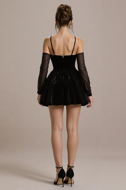 Black Velvet Ruffled Tiered A Line Short Cocktail Dress