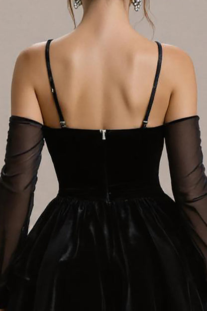 Black Velvet Ruffled Tiered A Line Short Cocktail Dress