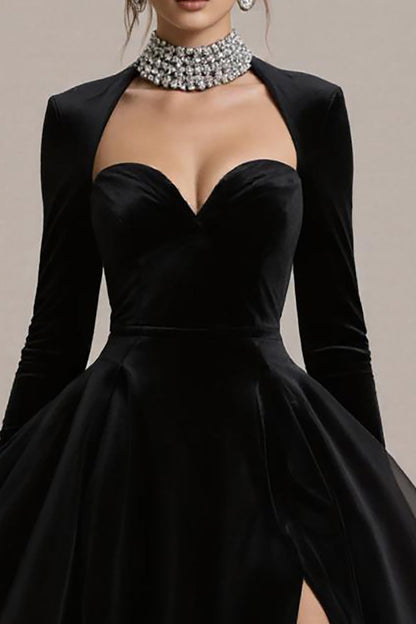 Black Velvet A Line Midi Cocktail Dress with Sleeves