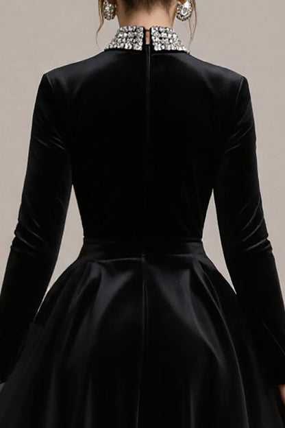 Black Velvet A Line Midi Cocktail Dress with Sleeves
