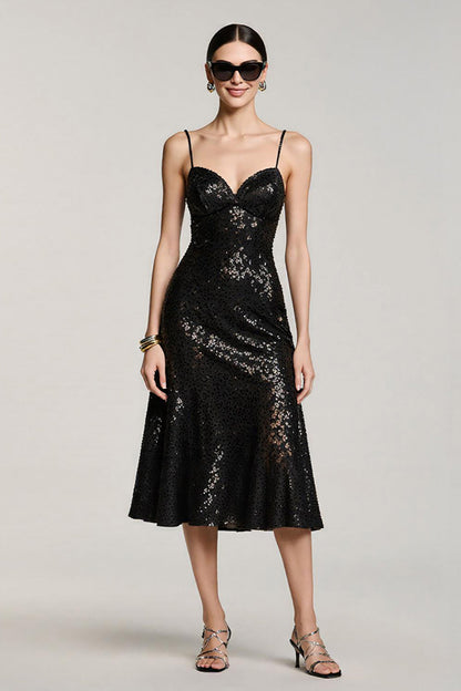Sparkly Black Sequin A Line Spaghetti Straps Midi Cocktail Dress