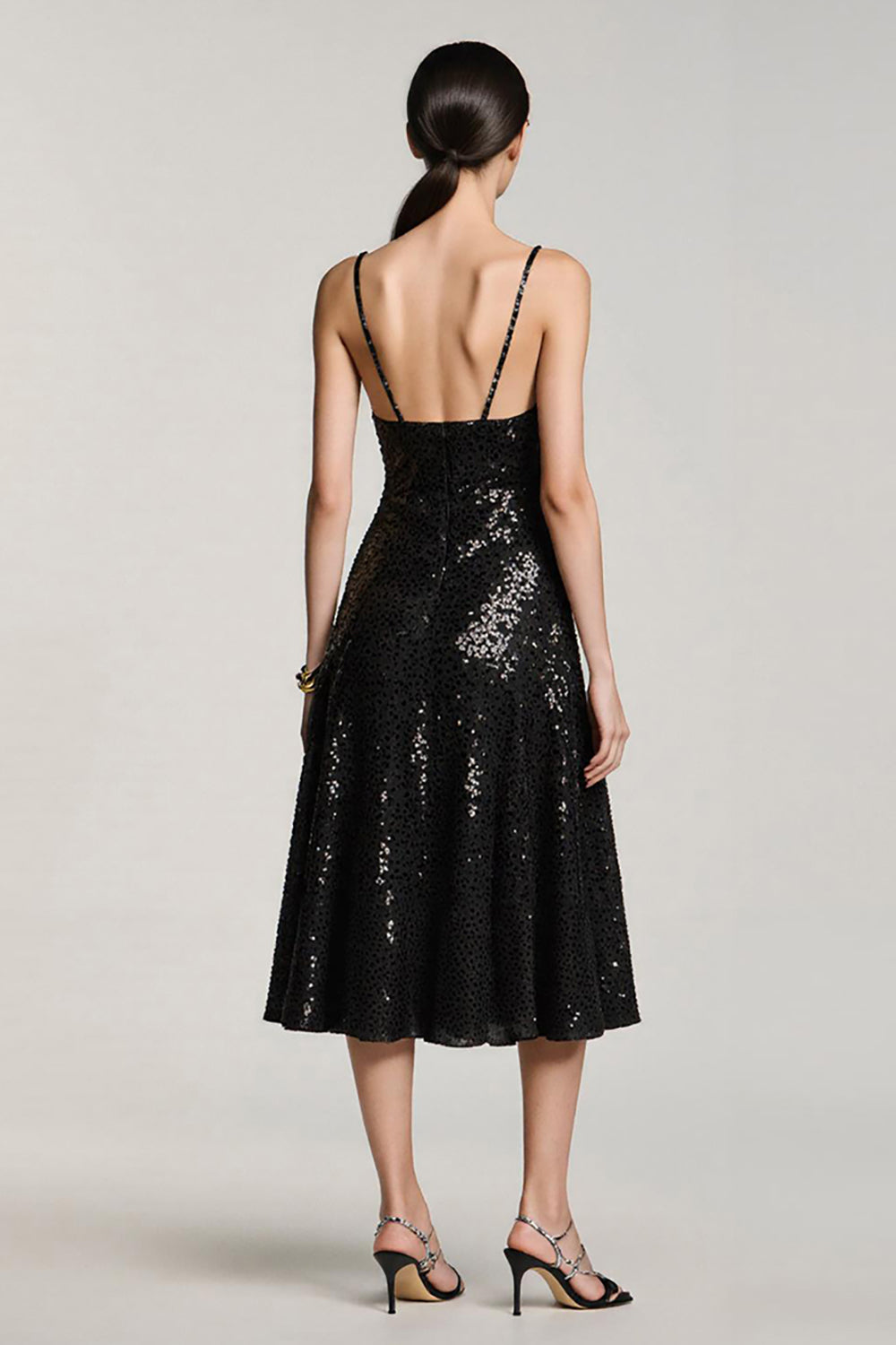Sparkly Black Sequin A Line Spaghetti Straps Midi Cocktail Dress