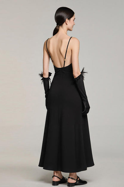 Simple Black Satin A Line Spaghetti Straps Long Formal Dress
